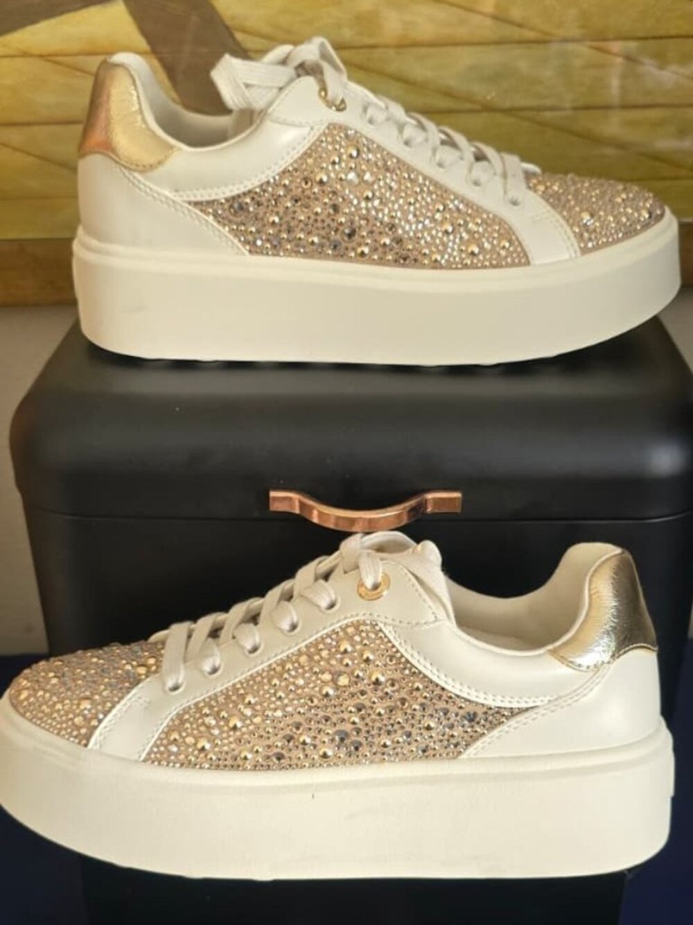 Michael Kors White Gold Rhinestone Sneakers Women Platform Shoes MK Sparkle - Picture 2 of 6